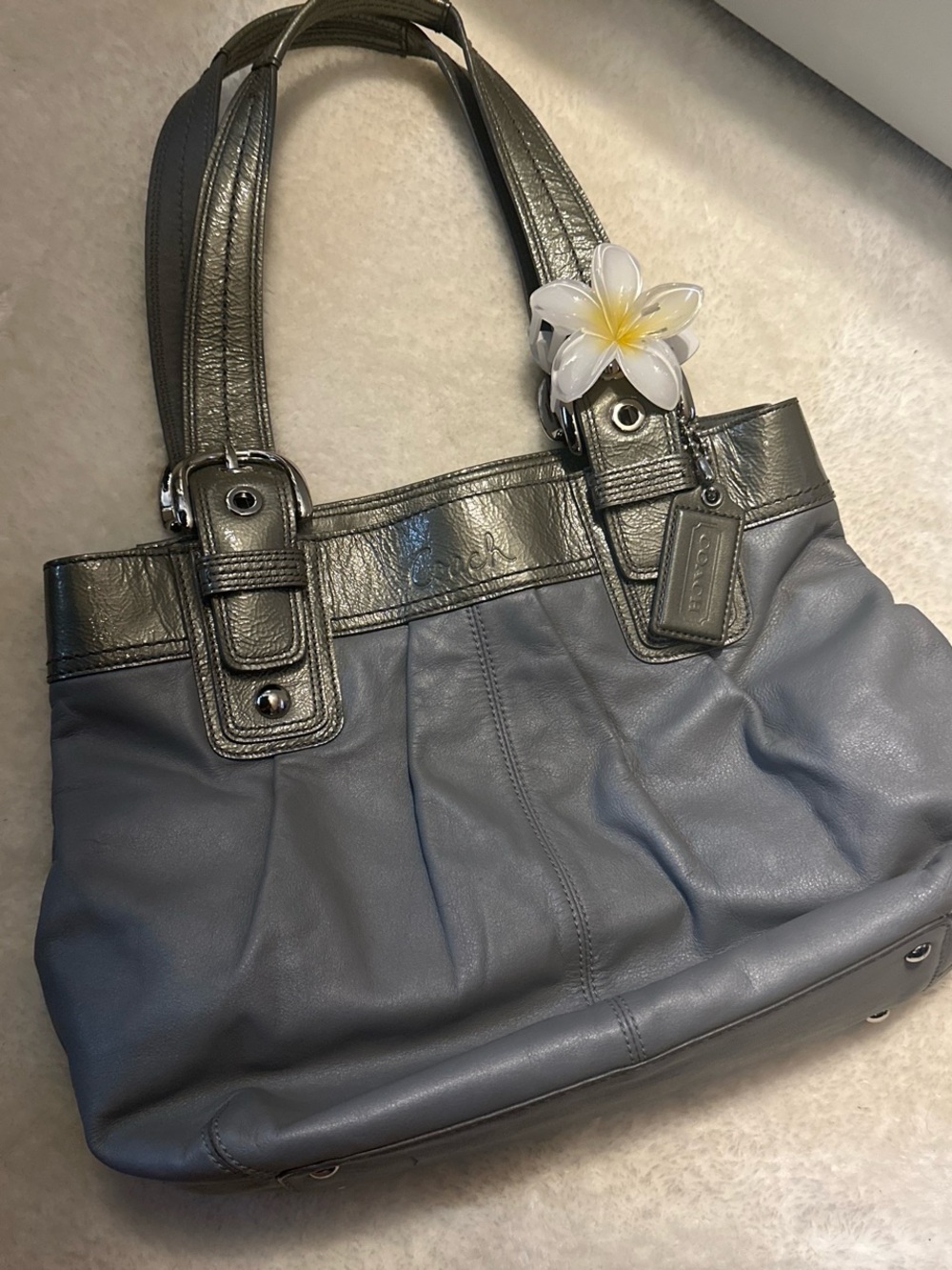 Coach Gray Leather Shoulder Tote with Metallic Trim